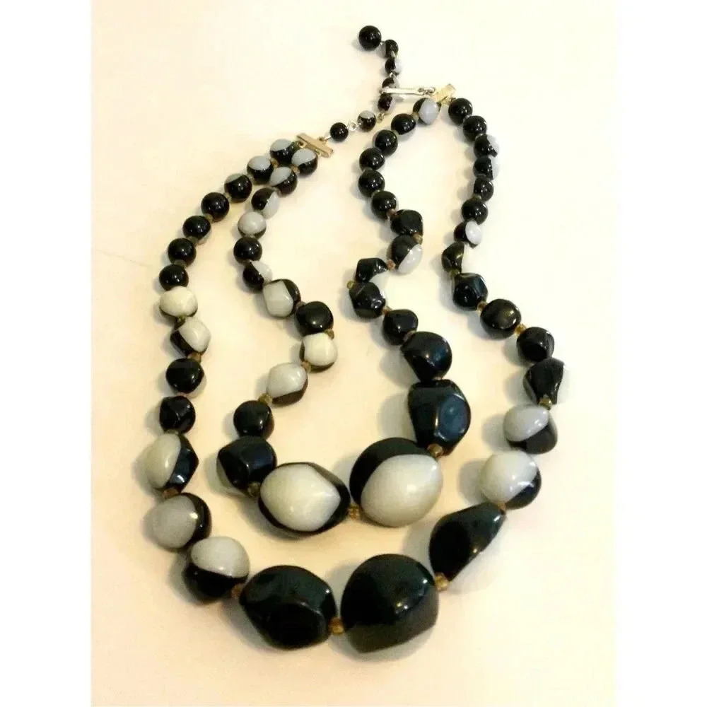 Vintage Womens Black Ivory Two Tone Double Strand with Extension Beaded Necklace